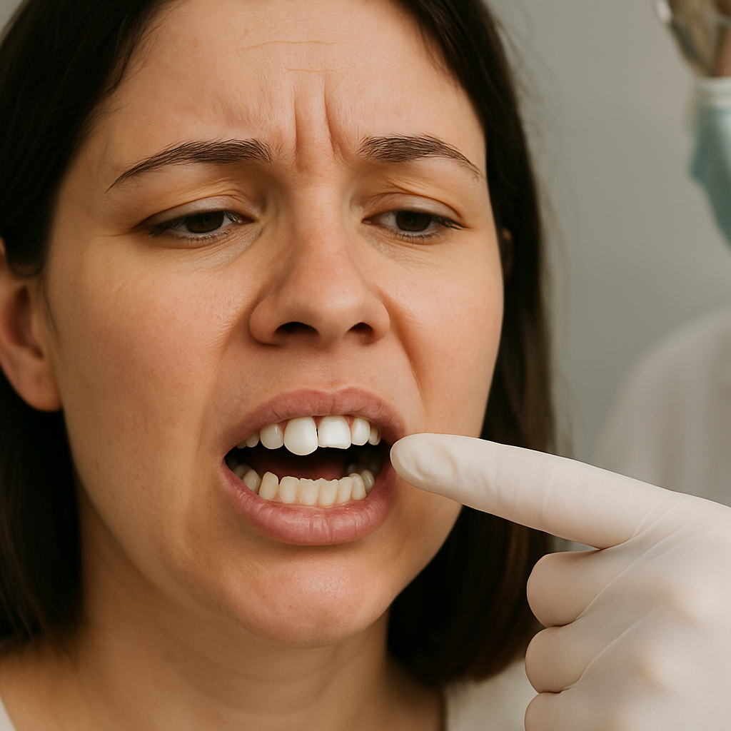 Photo of a person with a chipped porcelain veneer on their front tooth, with the dentist pointing at it. The image should illustrate the "cons of porcelain veneers". No text on image.