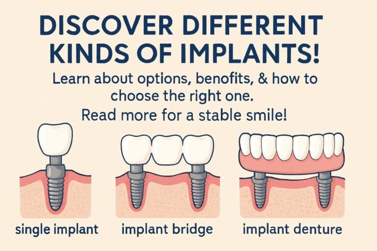Image showcasing the different kinds of implants including endosteal, subperiosteal, zygomatic, mini dental implants, and All-on-4 implants. No text on the image.