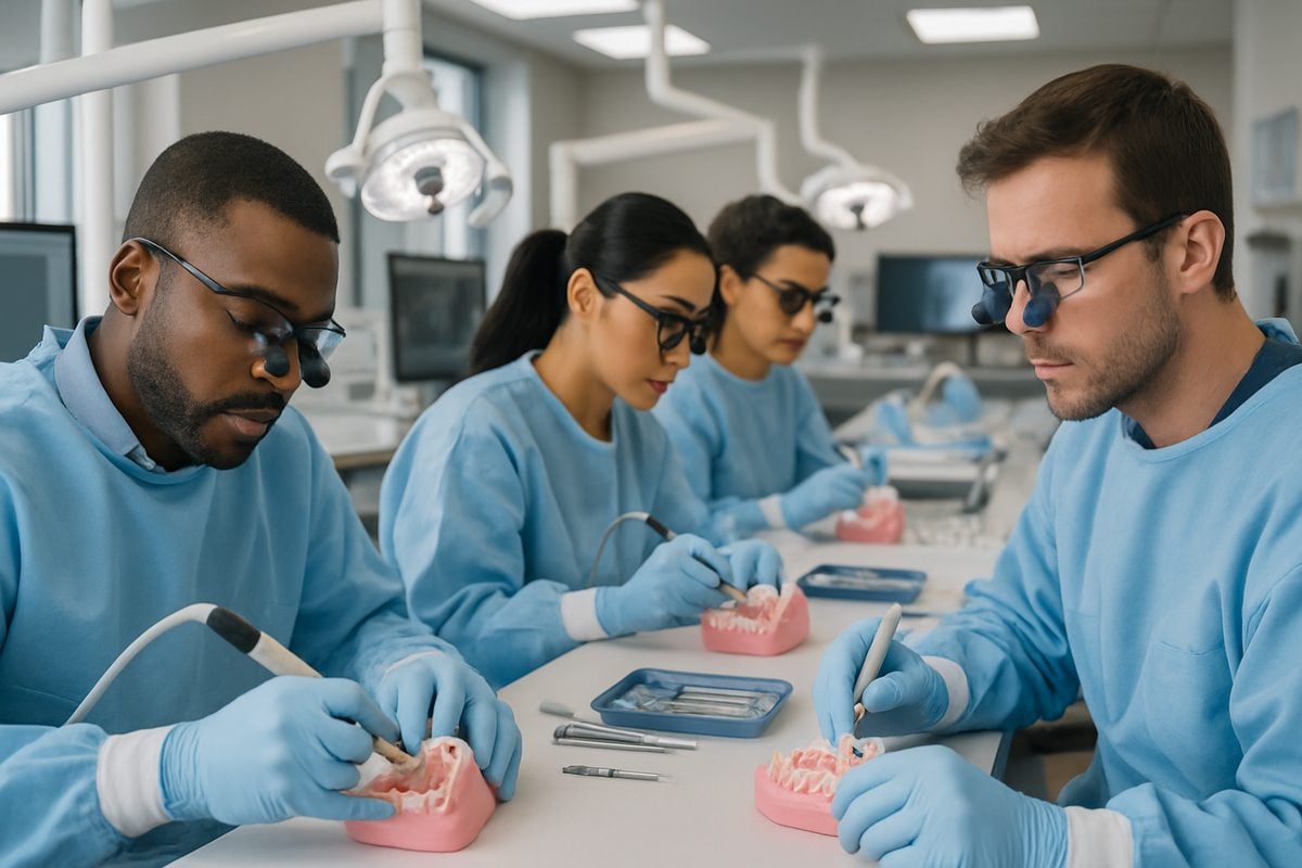 Image of a diverse group of dentists attentively participating in a hands-on training session, learning the latest techniques in implant dentistry. The environment is a modern dental lab with state-of-the-art equipment. No text on the image.