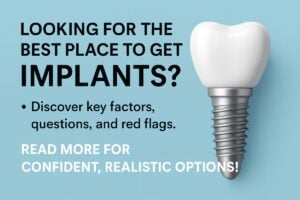 A modern dental office setting with a dentist consulting a patient about dental implants. The dentist is pointing to a 3D scan of the patient's jaw, highlighting implant placement. The text on the image says "Considering Dental Implants?"