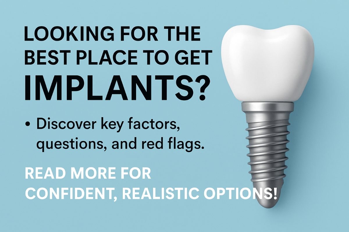 A modern dental office setting with a dentist consulting a patient about dental implants. The dentist is pointing to a 3D scan of the patient's jaw, highlighting implant placement. The text on the image says "Considering Dental Implants?"