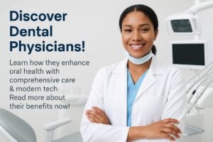 A diverse team of dental physicians collaborating around a computer, reviewing a patient's 3D dental scan. The office is modern and inviting, with state-of-the-art dental equipment visible in the background. No text on the image.