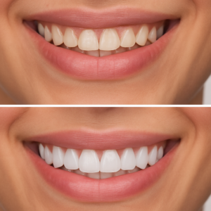 A before-and-after image showcasing the transformative effect of "veneers that go over your teeth." The "before" side shows slightly discolored and uneven teeth, while the "after" side reveals a bright, uniform, and attractive smile. No text on image.