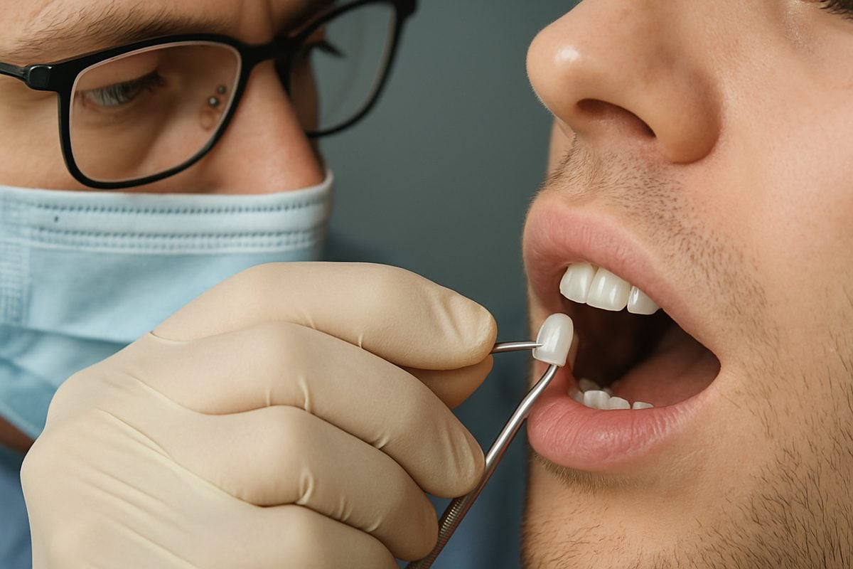 Close-up shot of a dentist carefully placing a porcelain veneer on a patient's small tooth, enhancing its size and shape. The focus is on the precision and artistry involved in cosmetic dentistry. No text on image.