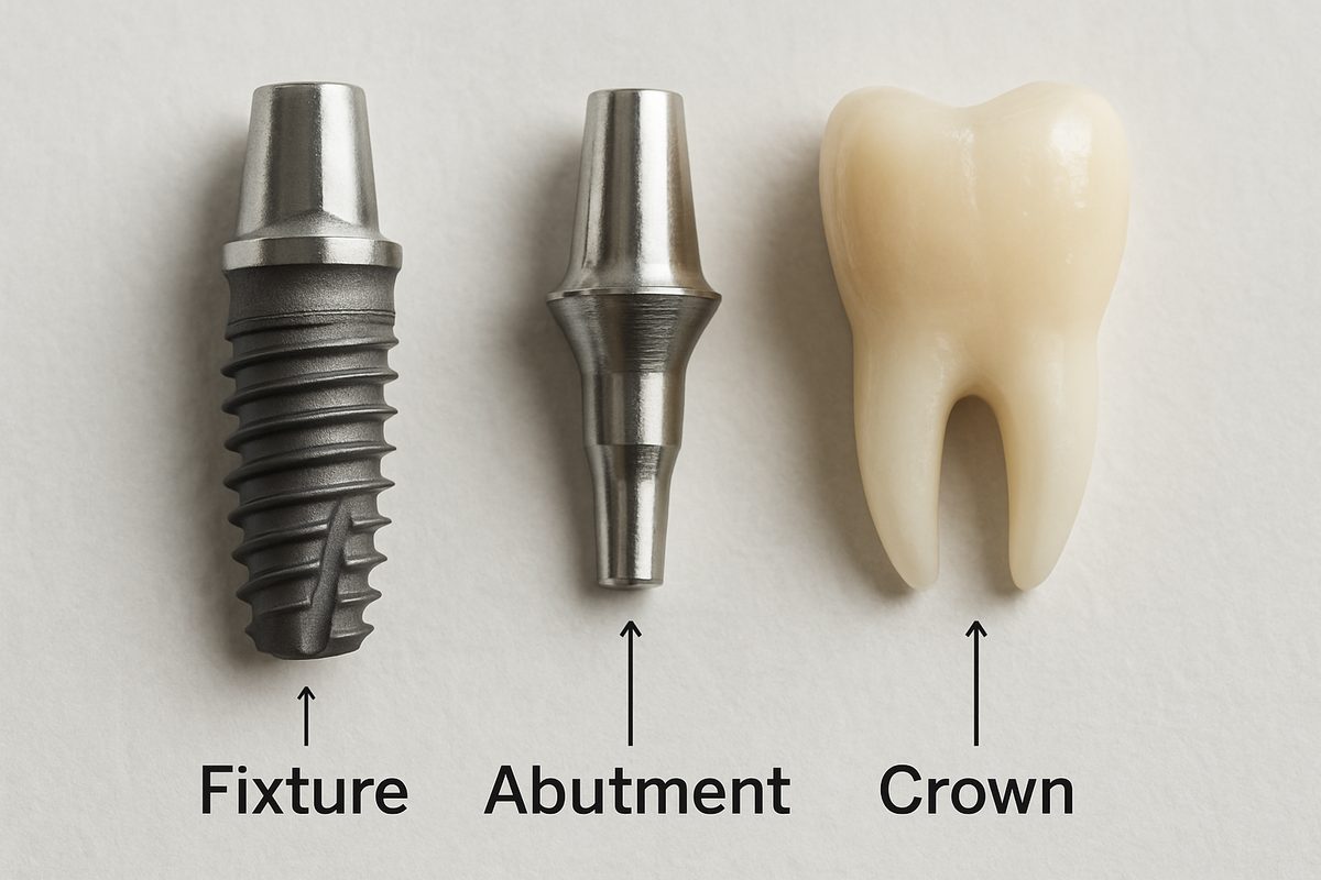 Close up shot of the different parts of a dental implant (fixture, abutment, and crown) clearly labeled with text.