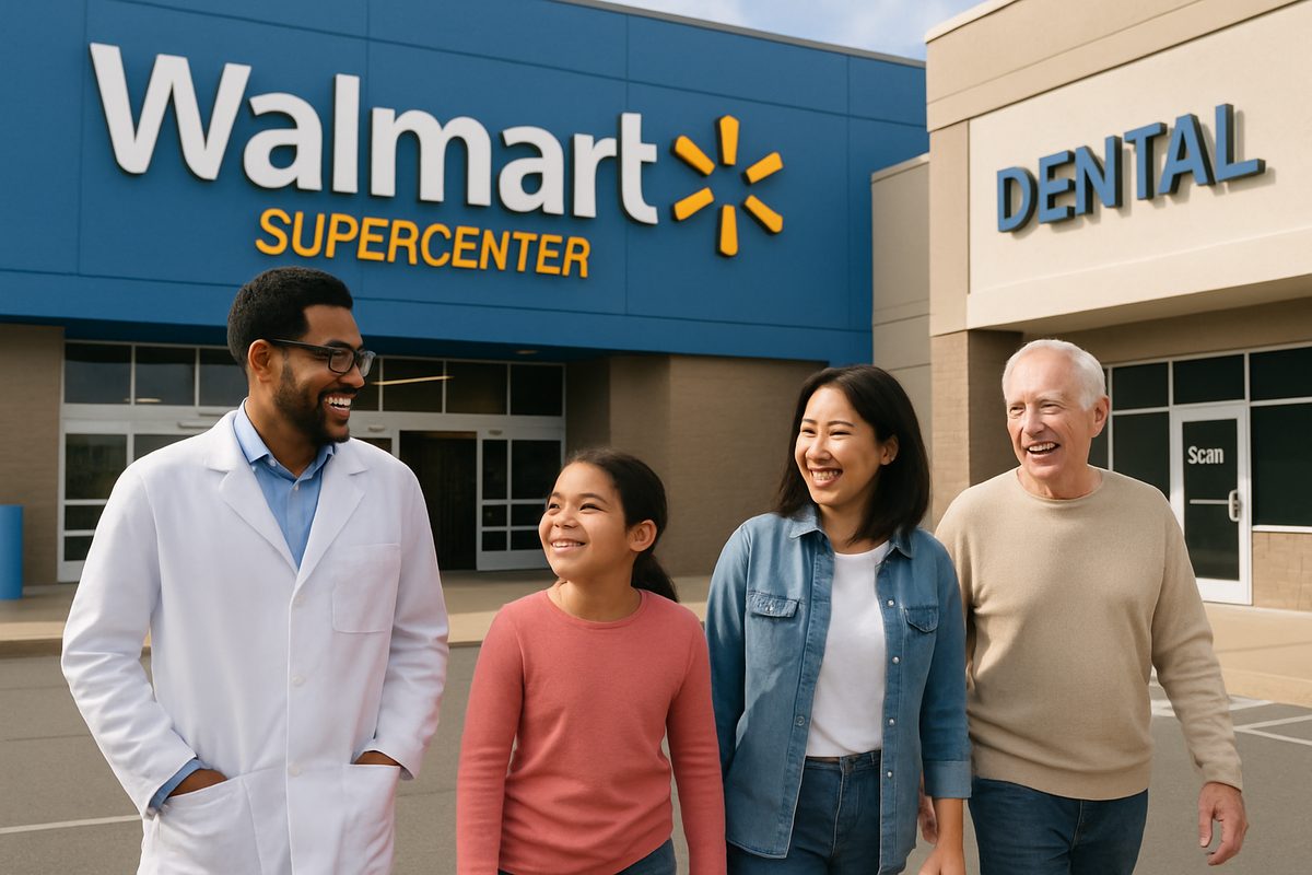 Photo of a diverse group of people including a dentist, a child, and a senior citizen walking out of a Walmart Supercenter smiling, with the dental office visible next to the Walmart. No text on image.