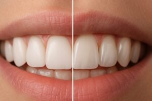 A split image showing a close-up of teeth: one side with composite veneers, highlighting a slightly less natural, opaque look, and the other side with porcelain veneers, showcasing a more translucent and natural appearance. No text on the image.