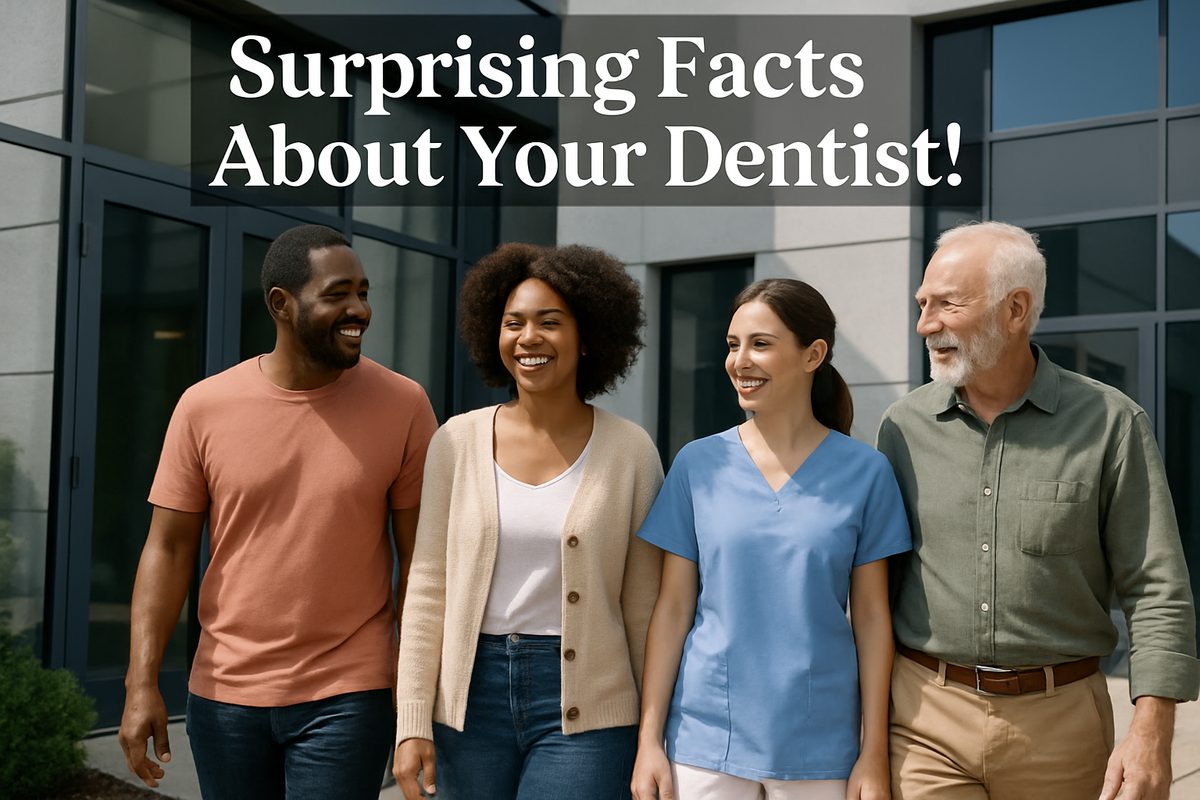 A smiling, diverse group of people are happily leaving a modern dental office building. The text on the image says "Surprising Facts About Your Dentist!"