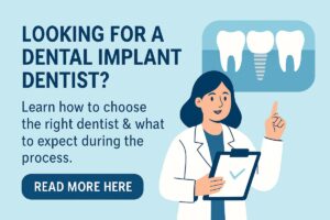 A dentist is pointing to a 3D rendering of a jaw with dental implants, showcasing the precision and technology involved in modern implant dentistry. No text on the image.