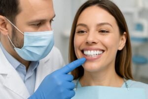 A dentist is pointing to a set of radiant porcelain veneers on a patient, showcasing a bright, confident smile. The image should highlight the natural look and feel of the veneers. No text on the image.