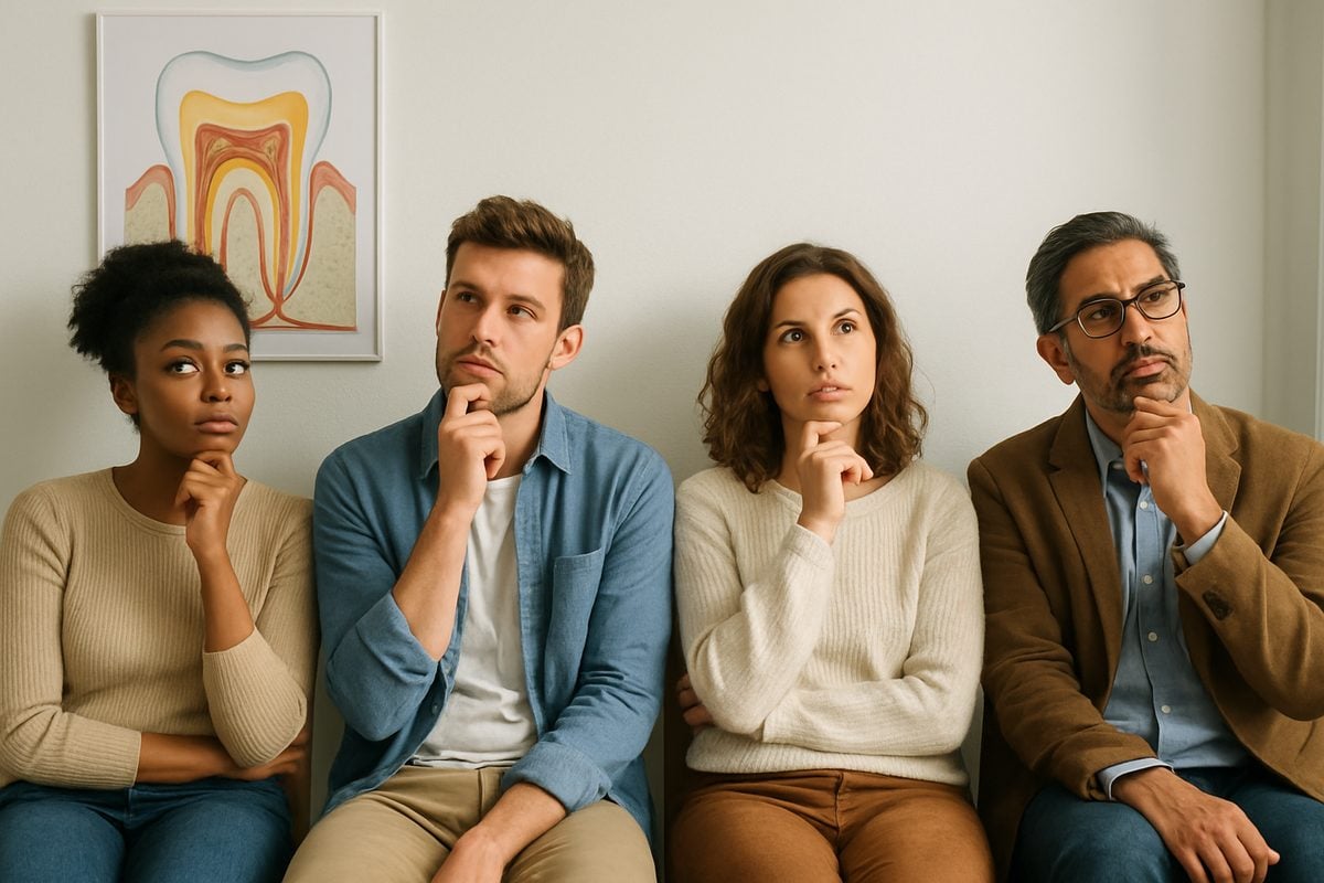 A diverse group of people sitting in a dental waiting room, all looking curious and thoughtful, waiting to ask their "dental about" questions. No text on the image.