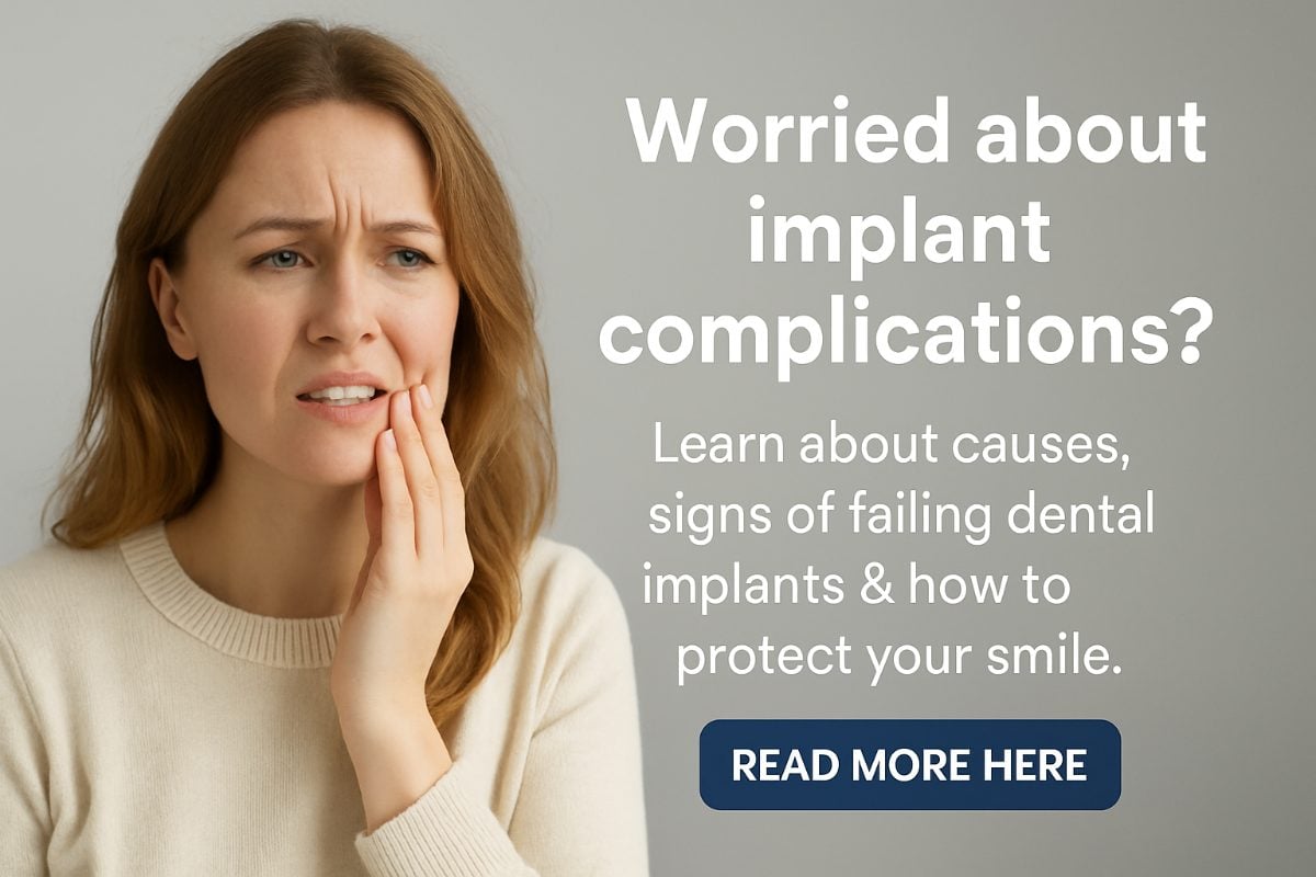 An x-ray image of a dental implant that has failed to properly osseointergrate, with an arrow pointing to a gap between the implant and the surrounding bone. No text on image.